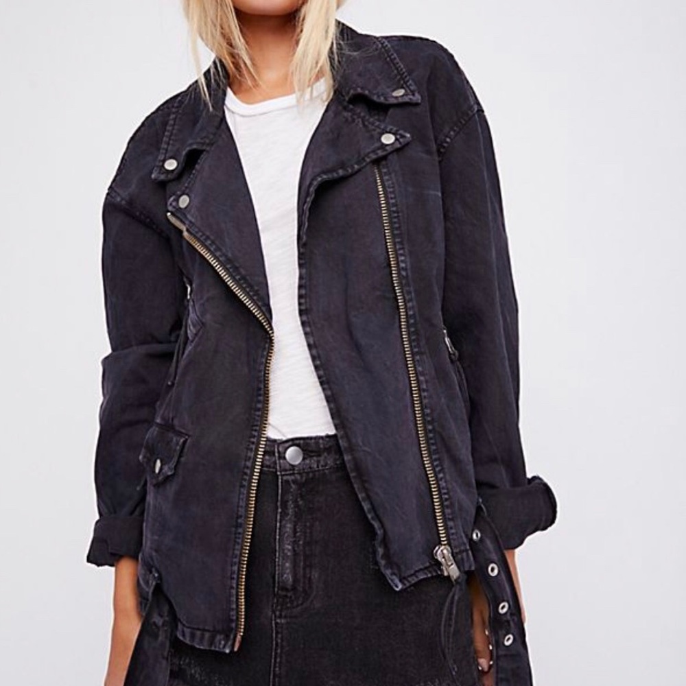 Free people black oversized denim Moto jacket